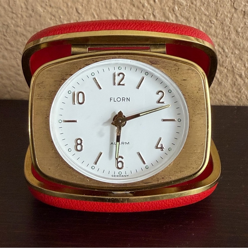 Vintage Florn Germany Travel Wind-up Folding Alarm Clock Red Leather MCM Retro